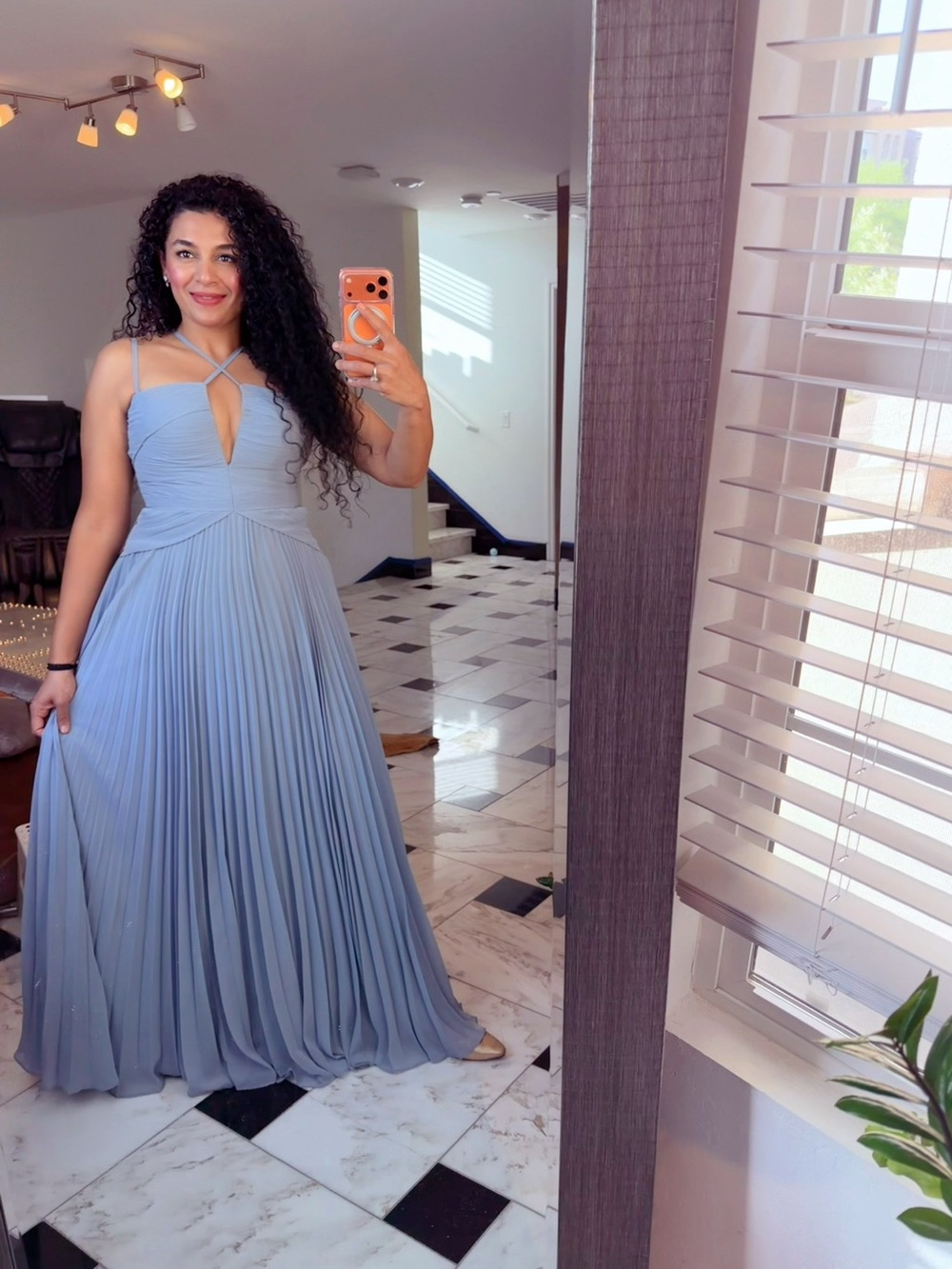 Azazie Light Dusty Blue Pleated Maxi Dress with Strappy Bodice